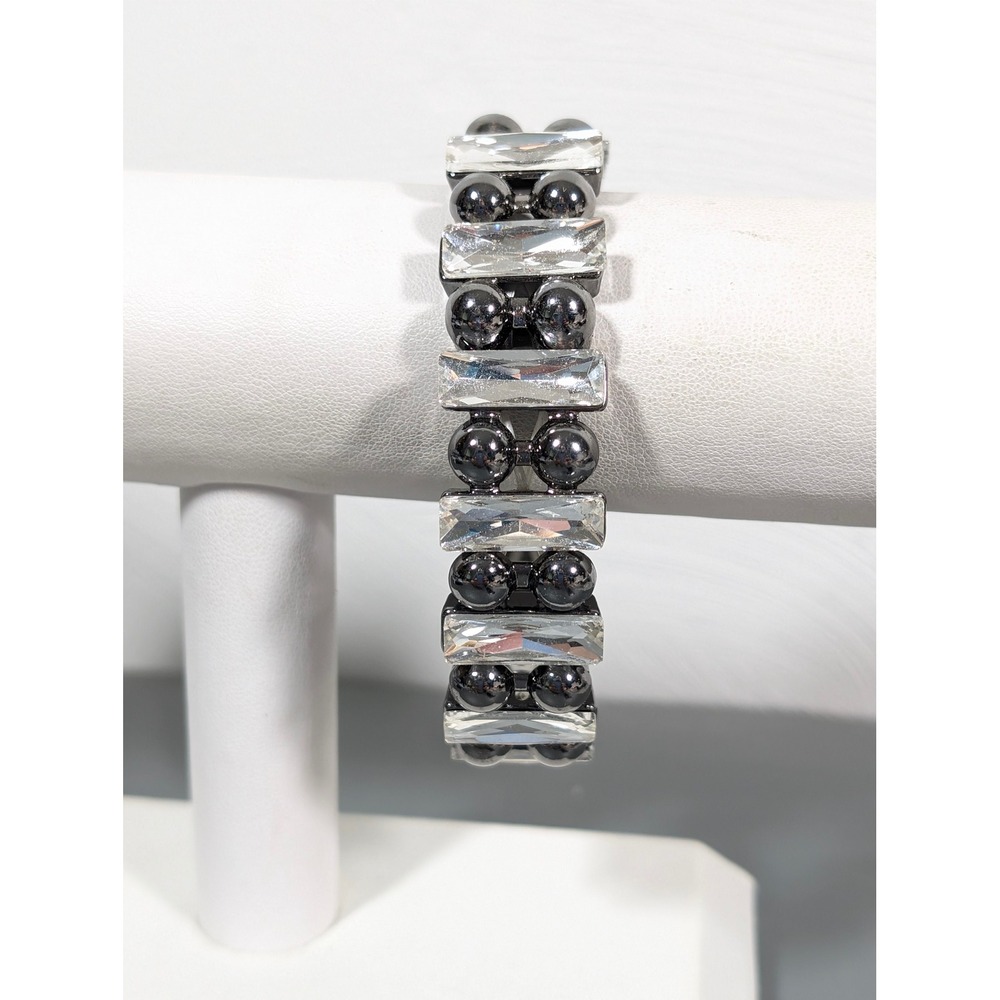 Gunmetal Gray Clear Rhinestone Stretch Bracelet Baguette Tennis 7.5" Glam